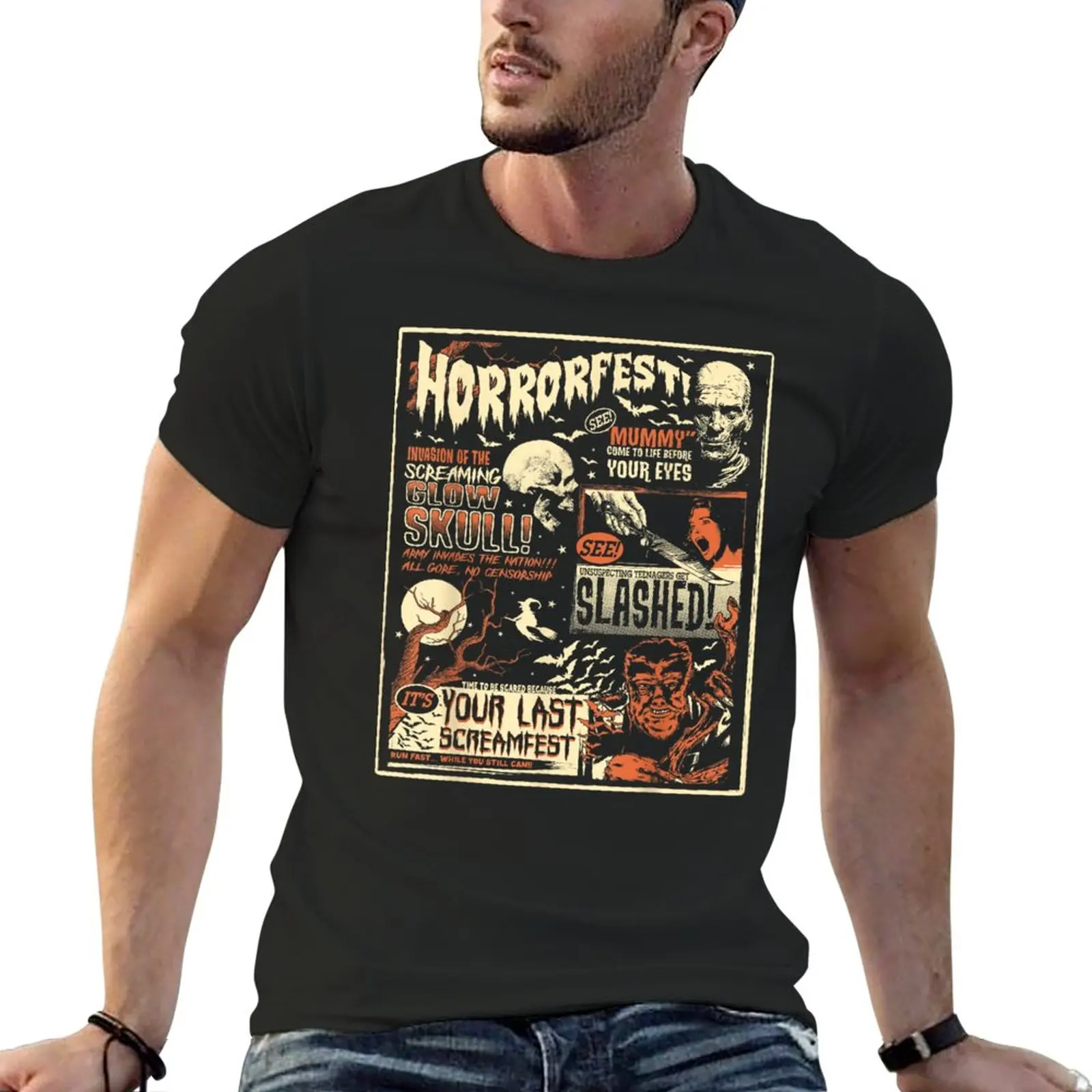 

Новинка, винтажный постер с мотивом фильма «Horrorfest», ужас, футболка на Хэллоуин старого времени, тяжелая футболка, футболка с рисунком аниме, мужские футболки с графикой
