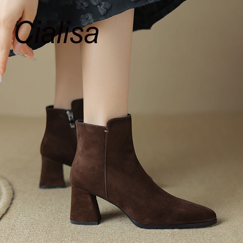 

Cialisa Kid Suede Leather Short Boots Women 2023 Autumn Winter Vintage Pointed Toe Shoes Zipper High Heels Ankle Boots For Lady
