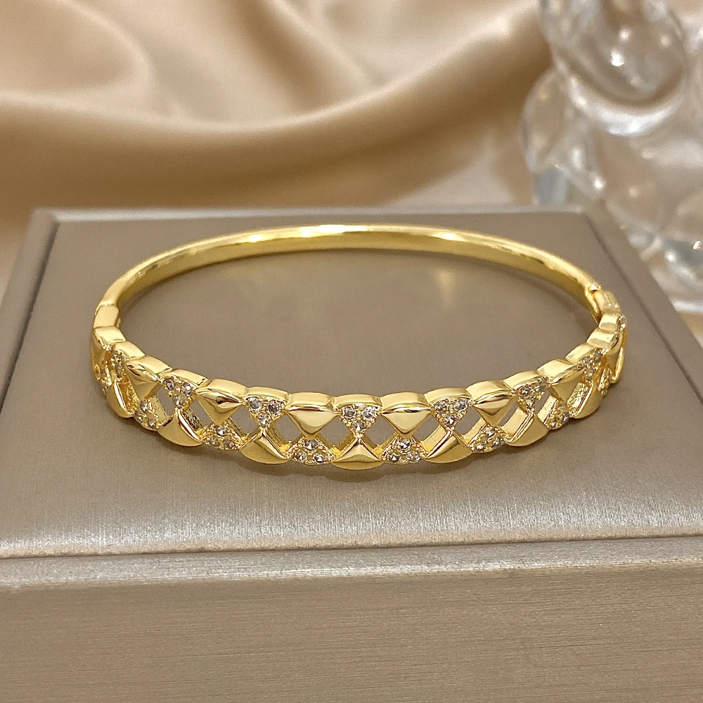 Elegant Zircon Geometric Stackable Cuff Bangle with Rhinestone Charms