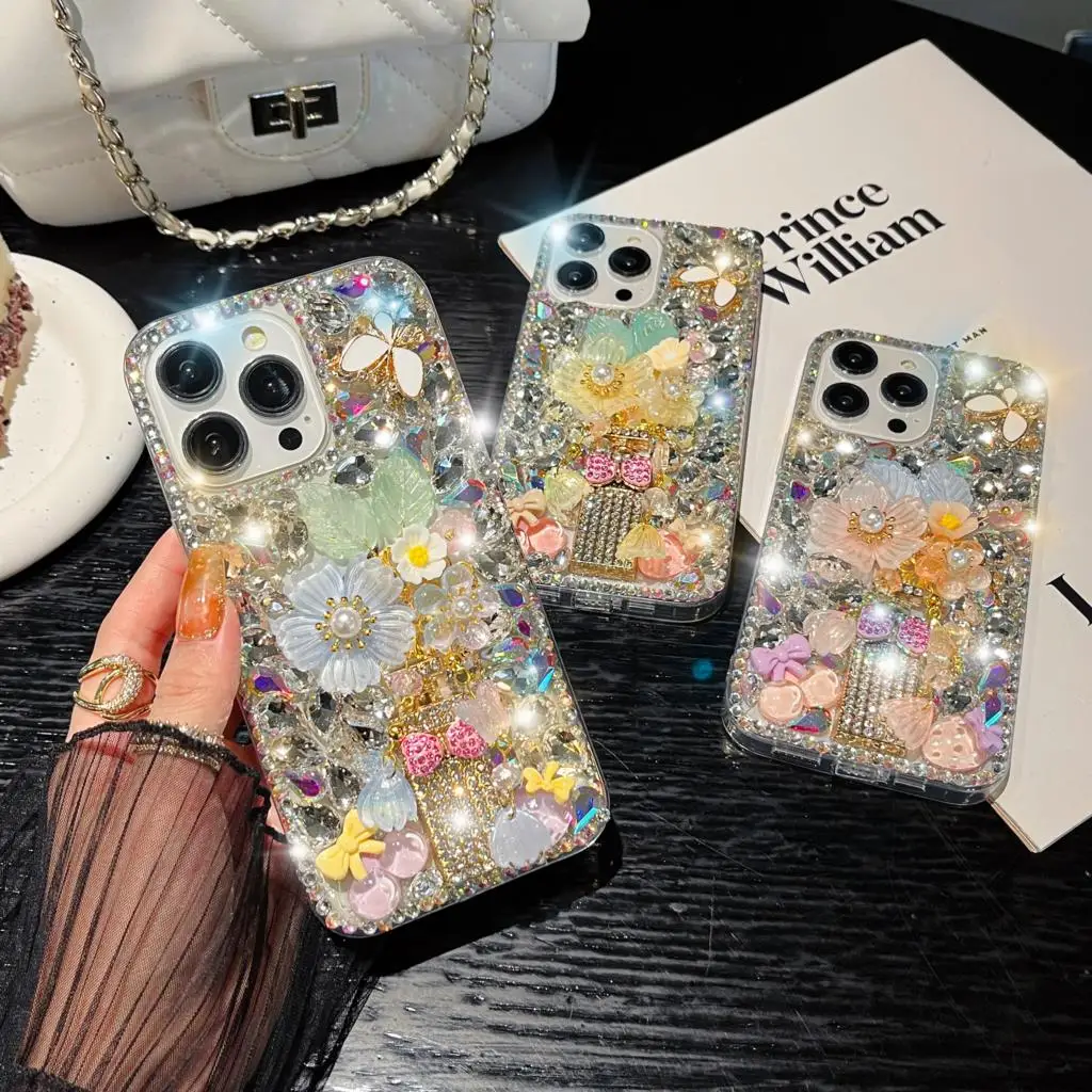 

Luxury Bling Crystal Diamond Bottle Flower Bow Mobile Phone Case For iPhone 13 Mini Pro Max Women/Girls Shiny Rhinestones Covers