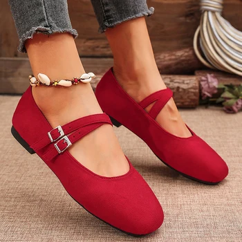Double Buckle Red Ballet Flats Women 2025 Brand Designer Square Toe Mary Jane Shoes Woman Faux Suede Casual Shoes Female 1