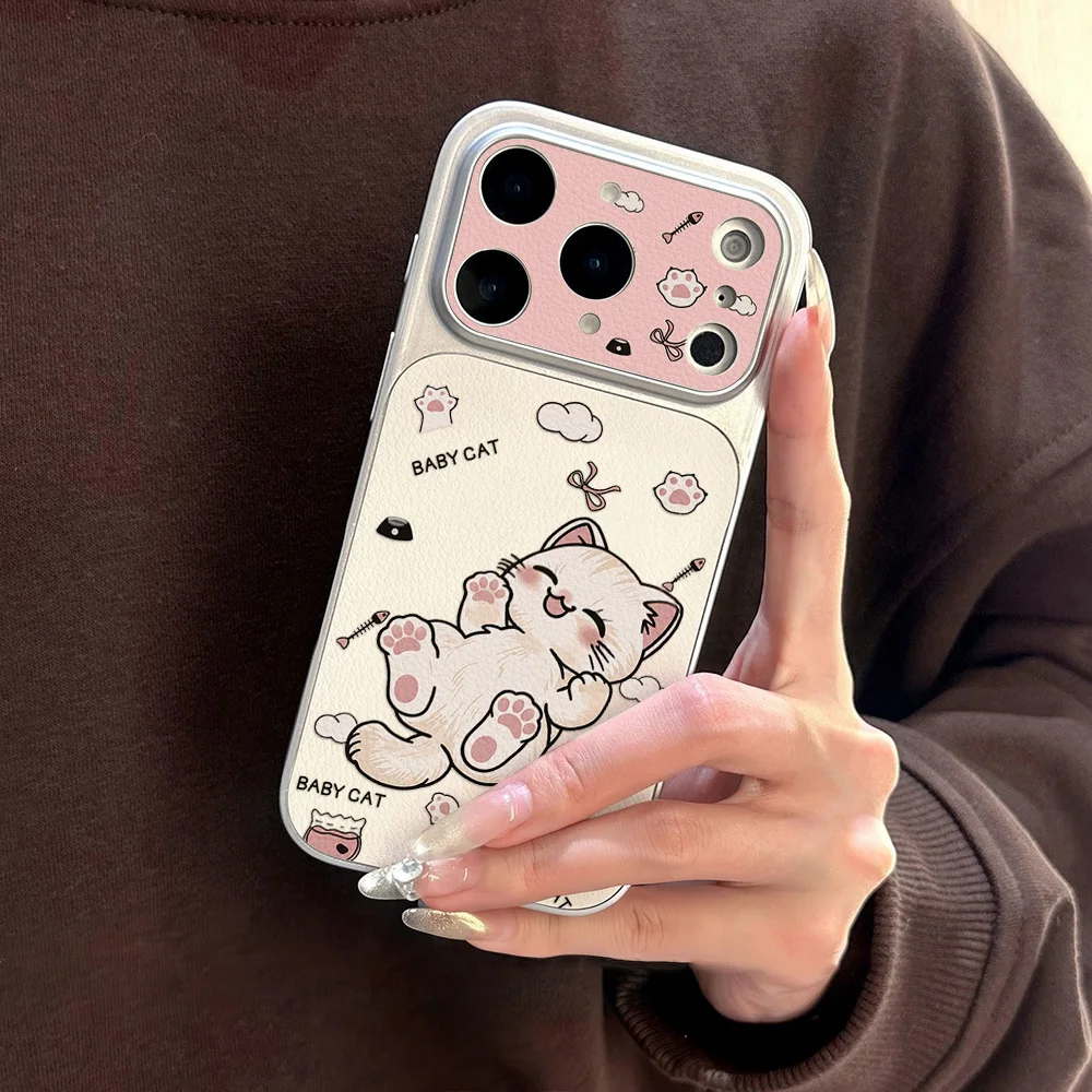 Adorable Kawaii Kitty Leather Phone Case - Cute Cartoon Cat Design, Protective Cover