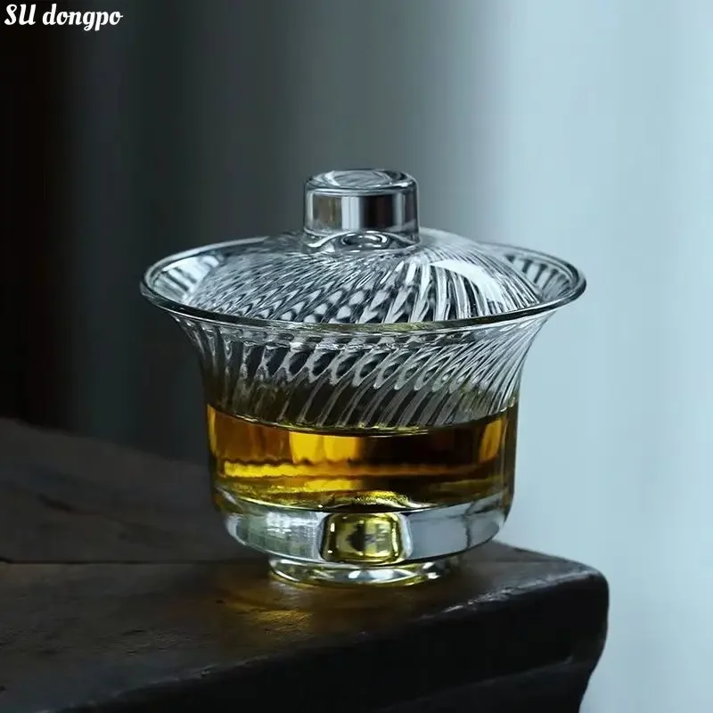 Tea Set Willow Pattern Glass Gaiwan Tea Cup Japanese Style Glass Tea Set Kungfu Cup Heat Resistant Office Maker Supplies