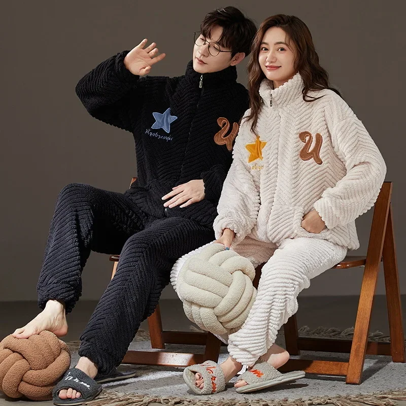 Sleepwear Men Pajamas Women Pajama Sets Couple Pajamas Autumn Winter Warm Flannel Big Size Zippers Nightwear Kawaii Clothing