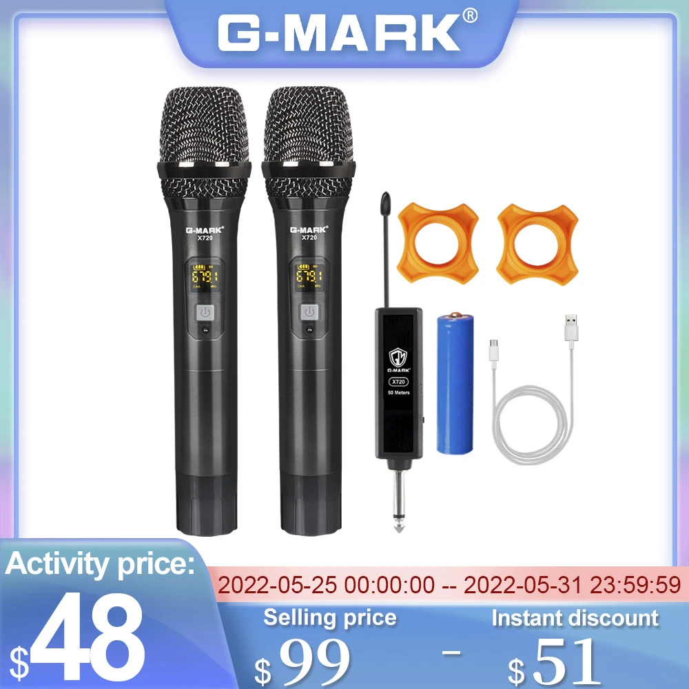 Wireless Microphone G-MARK X720 Professional UHF Handheld Karaoke 2 Channel Rechargeable Lithium Battery Metal Body For Party gaming mic