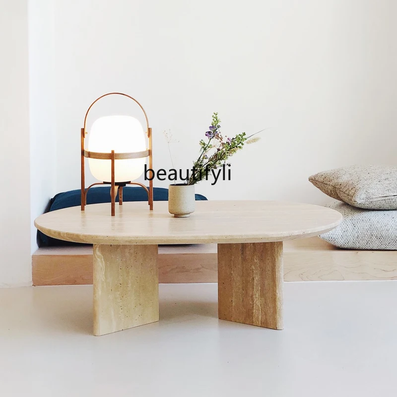 

Natural Marble Cave Stone Tea Table Small Apartment Villa Living Room Oval Coffee Table