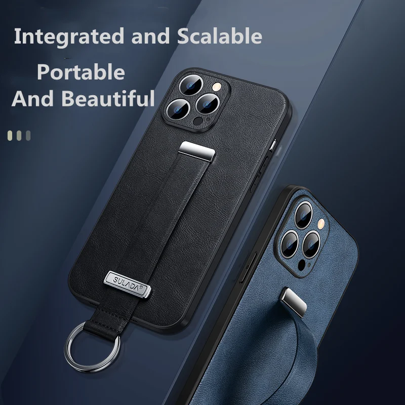 SULADA Luxury Oil Wax Leather Wristband Metal Ring Grip Case for iPhone 15 Pro Max 12 13 Pro 14 Plus Daul Stand Protective Cover