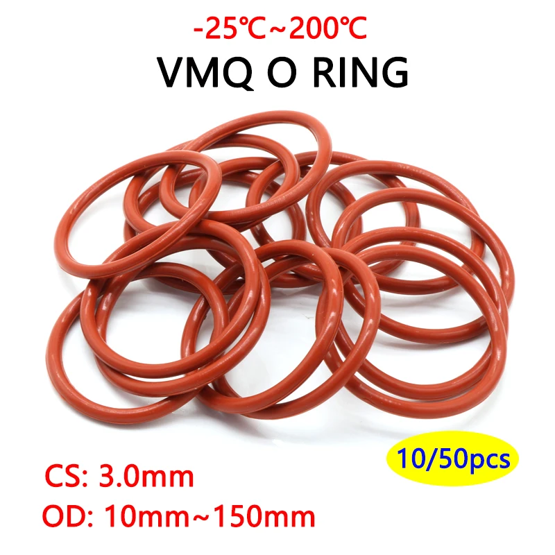 10/50Pcs Food Grade VMQ O Ring Gasket CS 3mm OD 10 ~ 150mm Waterproof Washer Round O Shape Rubber Silicone Ring Red