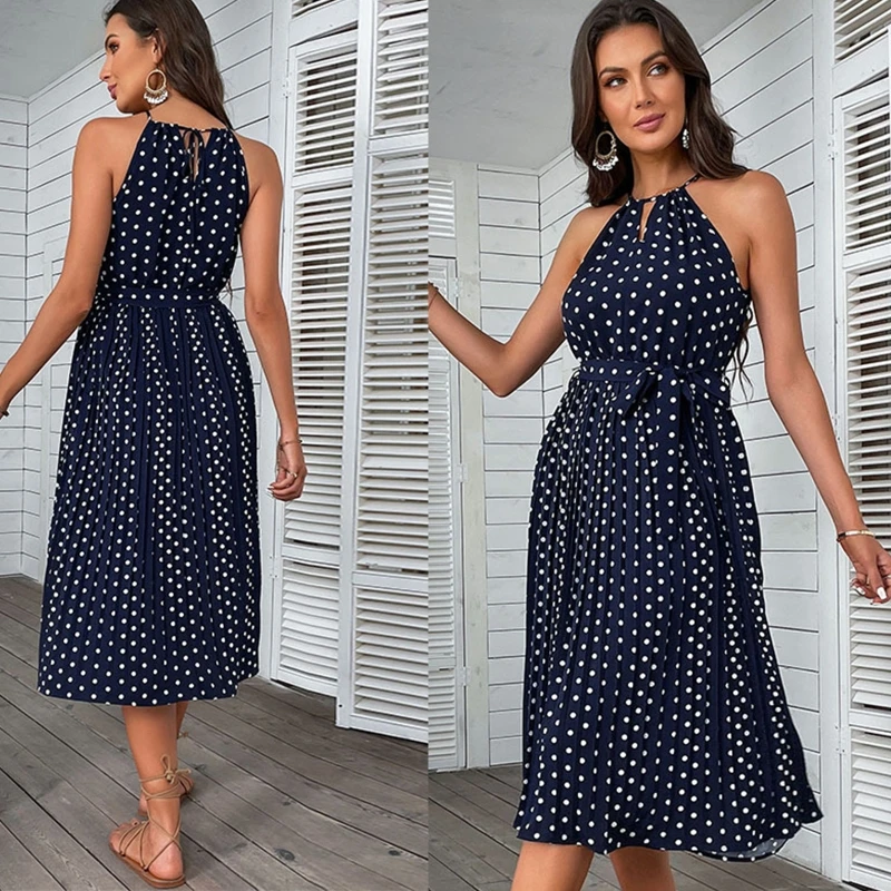 

Summer Polka Dot Slim Fit Dress Sleeveless Sexy Halter Sundress for Wife Mother