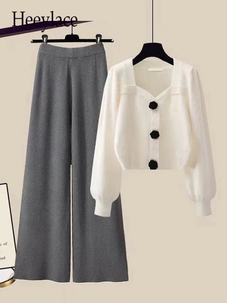 

Зимние вязаные комплекты, стандартный французский винтажный вязаный свитер с квадратным воротником и широкие брюки, комплекты из двух предметов, офисные женские комплекты