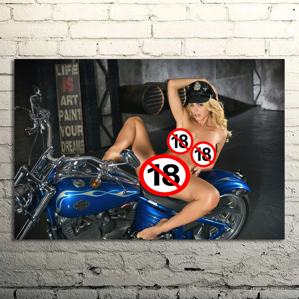 An artistic depiction of a busty woman on a motorcycle