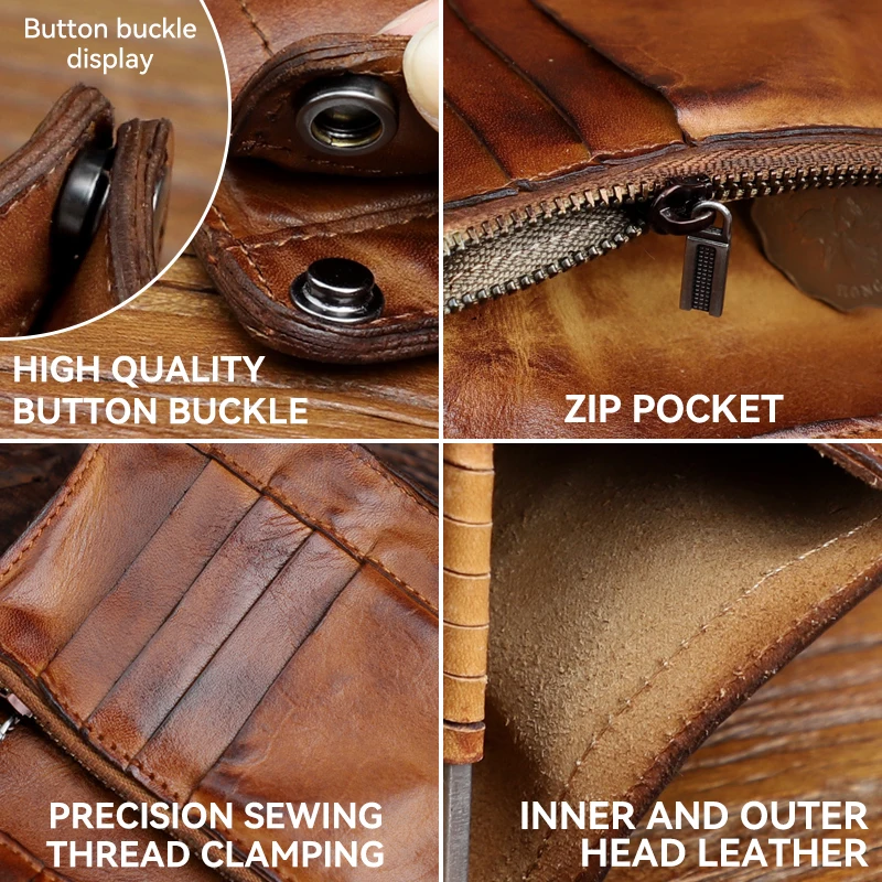 Retro Wrinkled Short Wallet Genuine Leather Bifold Men Purse Credit Card Holder with Zipper Coin Pocket Money Bag
