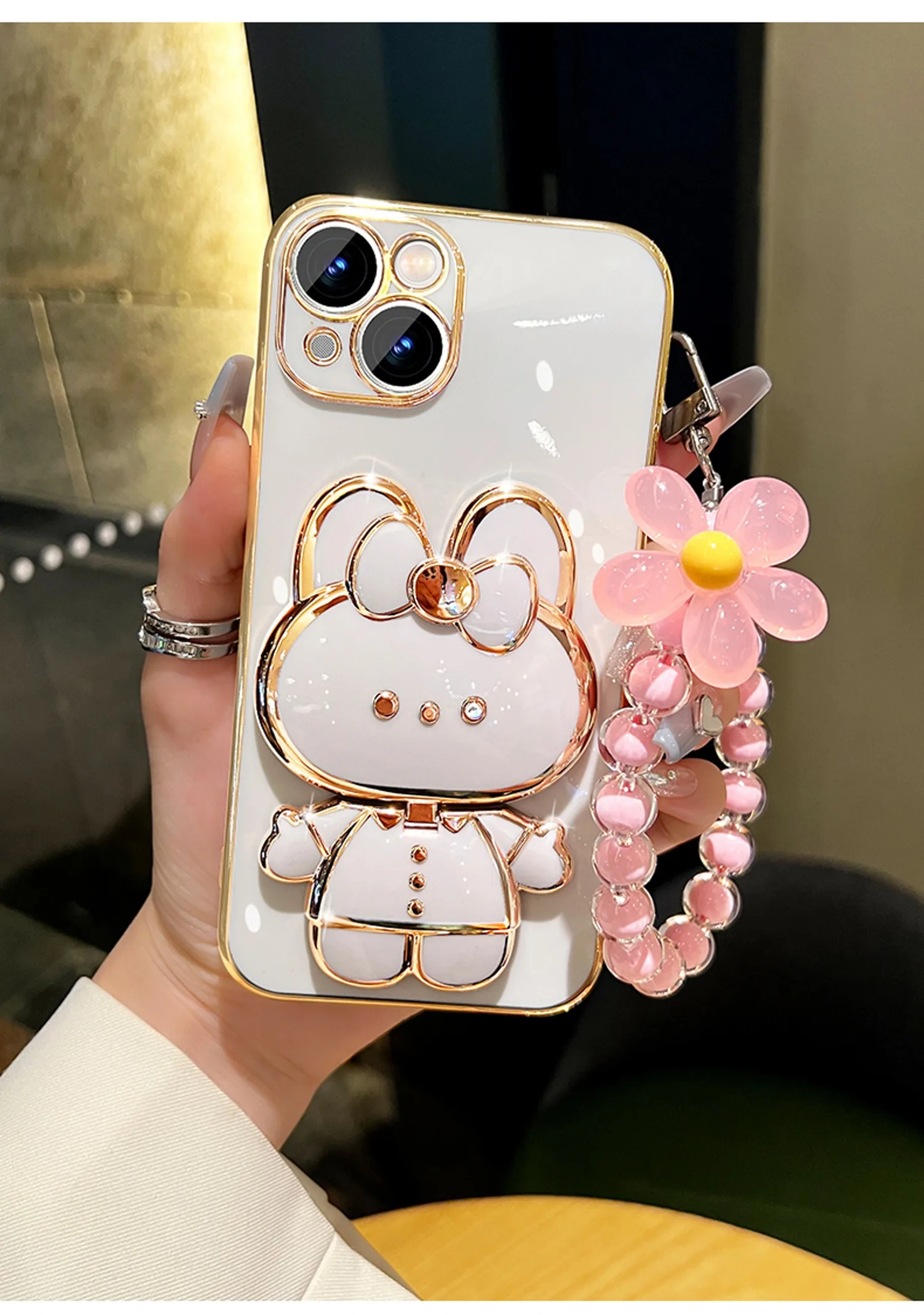 Bunny Phone Case With Mirror Holder And Flower Strap Plating_voghion.com