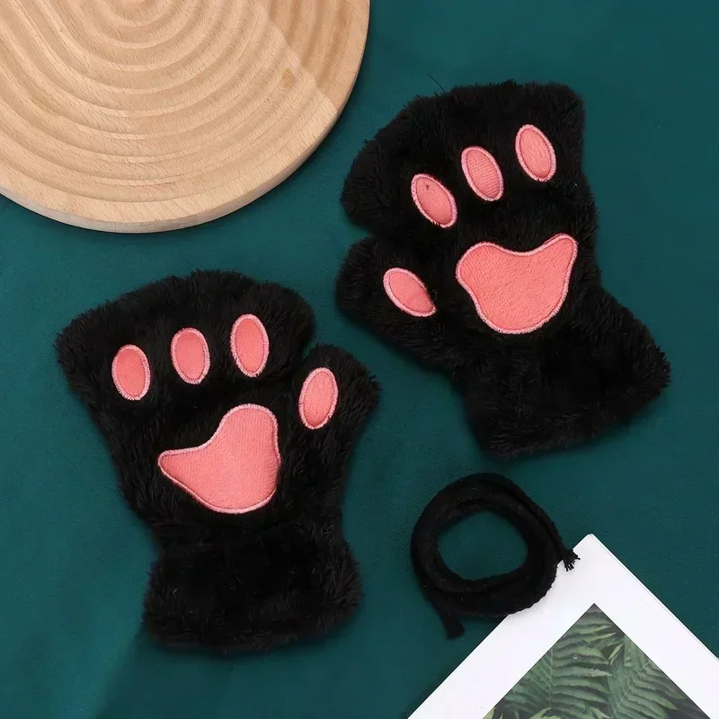 Lovely Plush Cat Claw Paw Gloves Plush Mittens Warm Soft Plush Short Fingerless Fluffy Bear Gloves Costume Half Finger Gloves