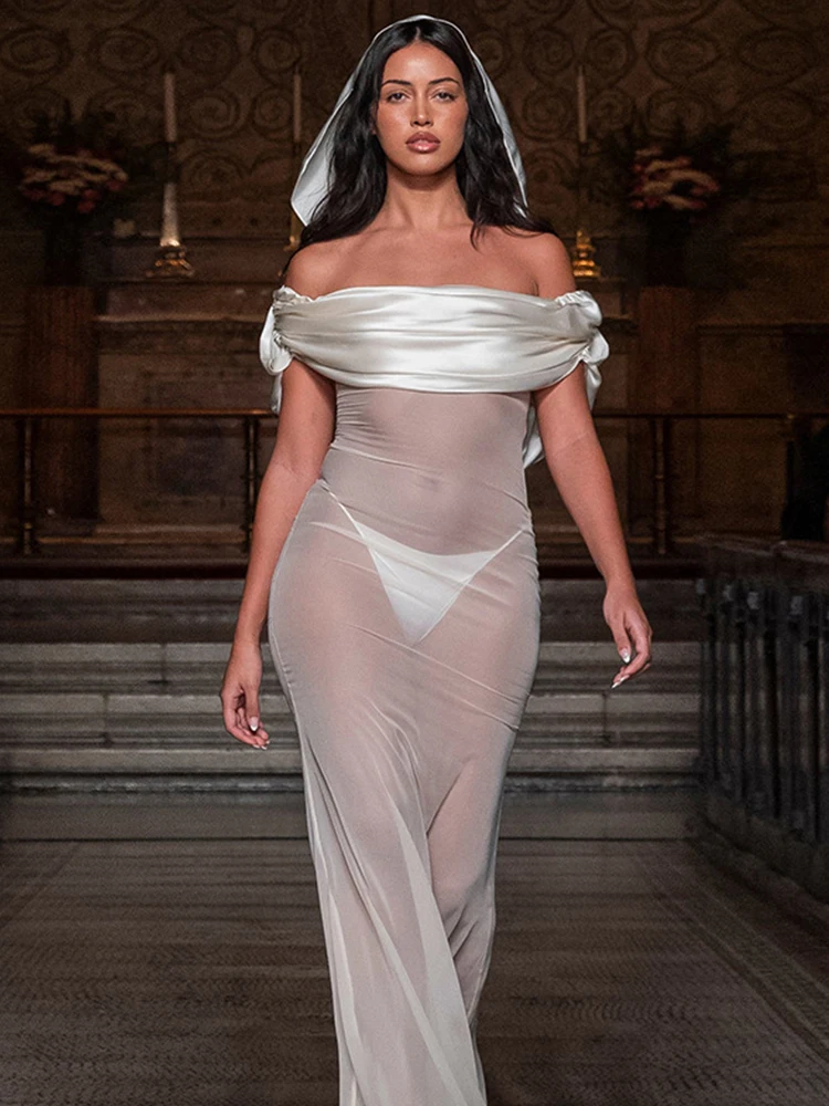 

Bodycon Dresses Women Holiday Party Outfits 2023 See Through Mesh Summer Sexy Maxi Dress Satin Off Shoulder Elegant