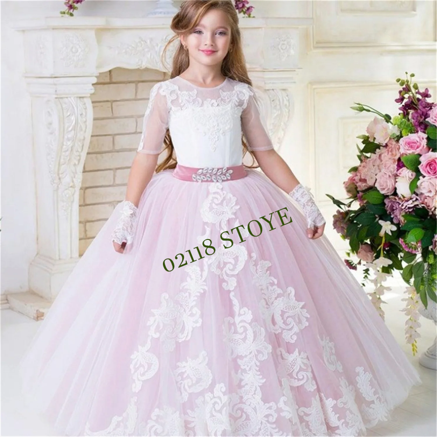 女の子のヴィンテージ半袖レースドレス、白い花の女の子のドレス、結婚式、誕生日パーティー、pageantプリンセスドレス、豪華、ピンク