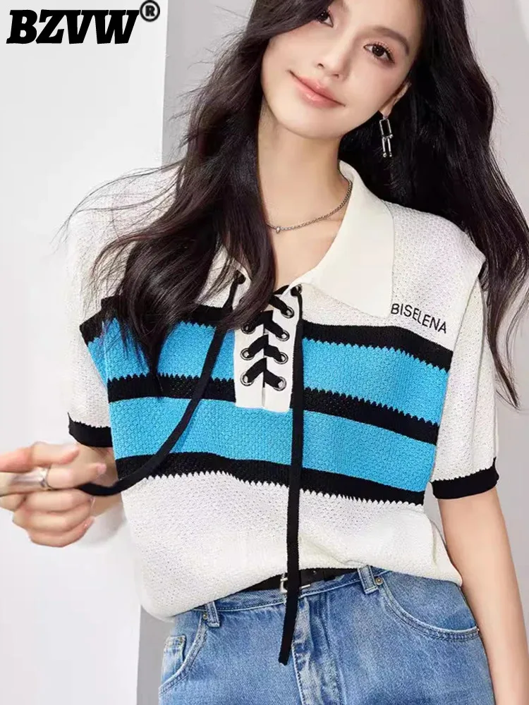 

BZVW Women Lace-up Stripe Loose Patchwork T-shirt Lapel Lightweight Contrasting Colors Fashion Tees Spring Summer 2024 25C0207