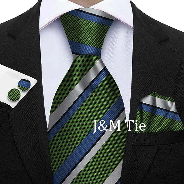 Krawatten für Männer, modisches Salbeigrünes Herren-Krawatten-Set, gestreifte Krawatte, Taschentuch, Manschettenknöpfe, 3-teilig, Business-Hochzeitsanzug, Accessoires, Geschenk – Detail 27