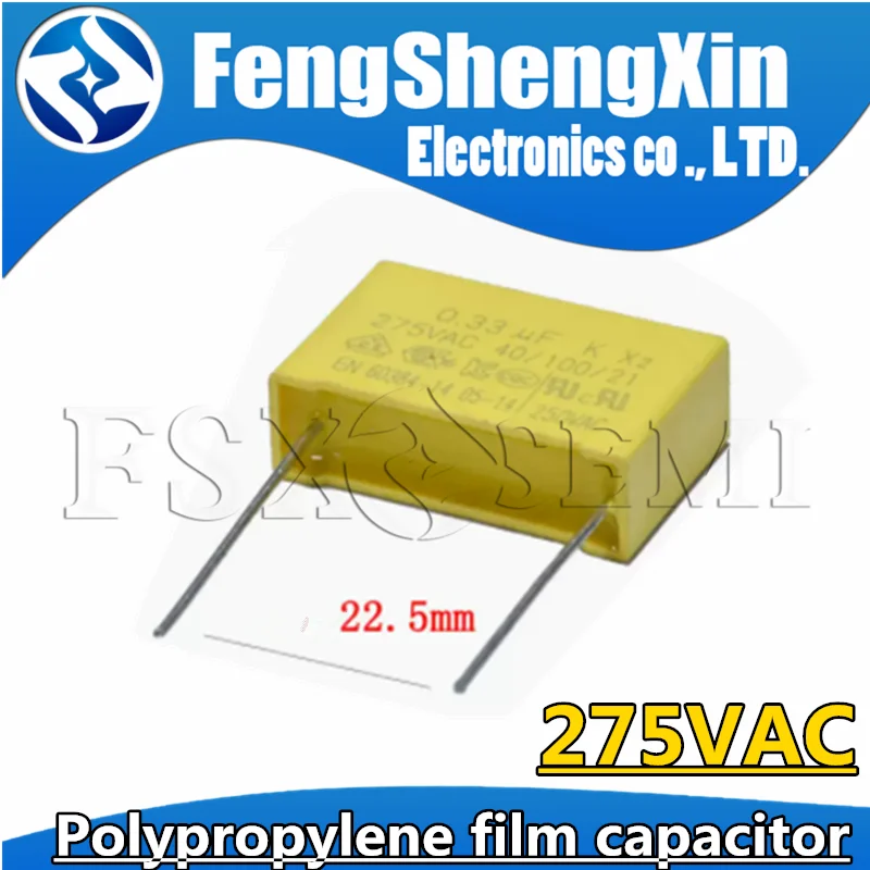 22.5MM X2 Polypropylene film capacitor 275VAC 330NF 470NF 0.22uF 0.33uF 0.47uF 0.56uF 0.68uF 0.82uF 1uF 1.2uF 1.5uF 10pcs polypropylene film capacitor