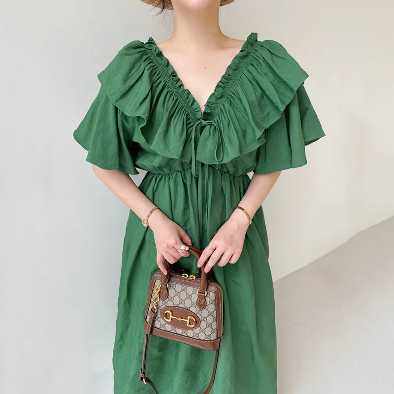 

Женское винтажное платье с V-образным вырезом, длинное Плиссированное зеленое платье с рукавами-фонариками и оборками, праздничный стиль, повседневная одежда, Новинка лета 2023