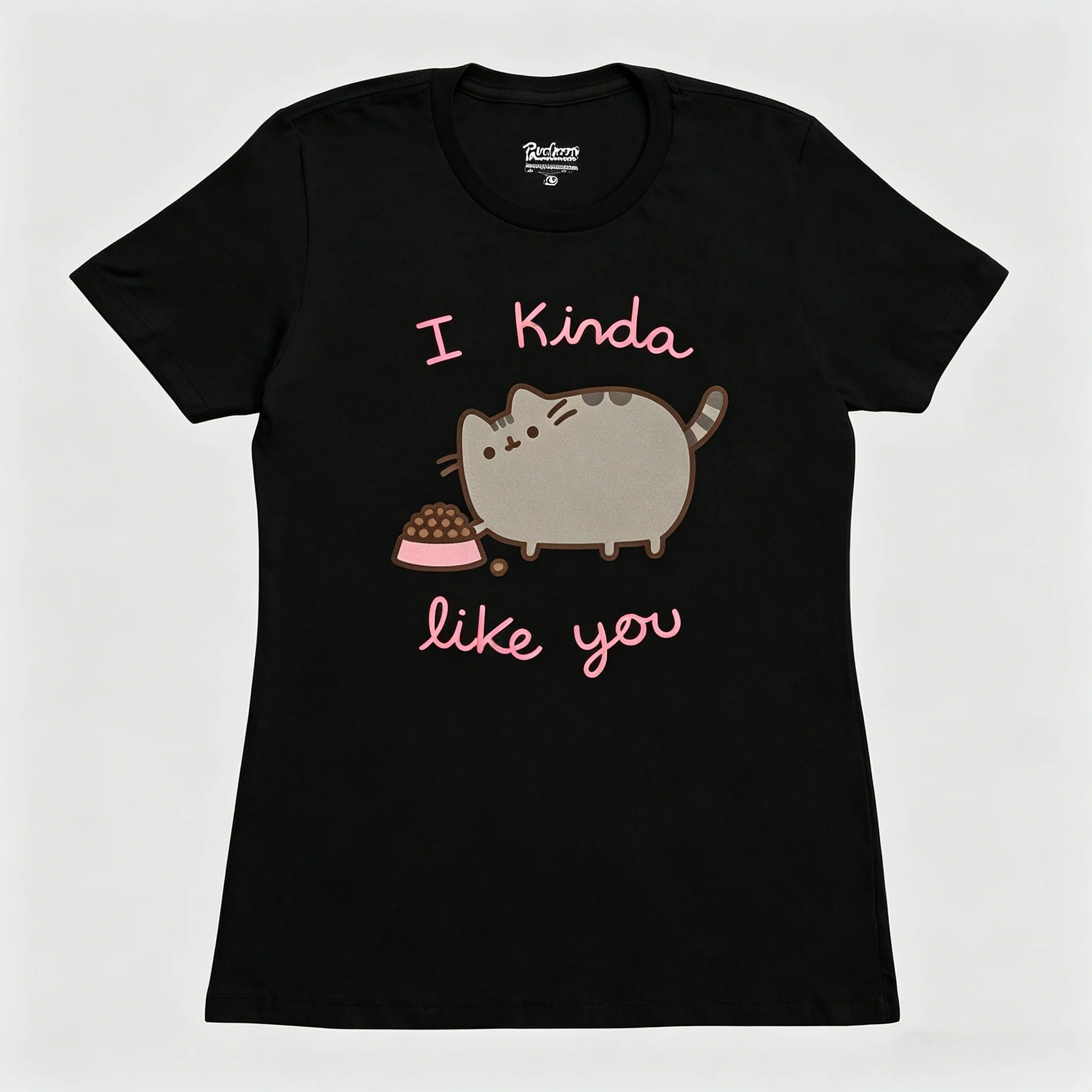 Pusheen Niedliches Katzenmuster-Shirt 'I Kinda Like You' Text Baumwoll-T-Shirt 2026 Sommer Herren Damen Streetwear Y2k Retro-Kleidung