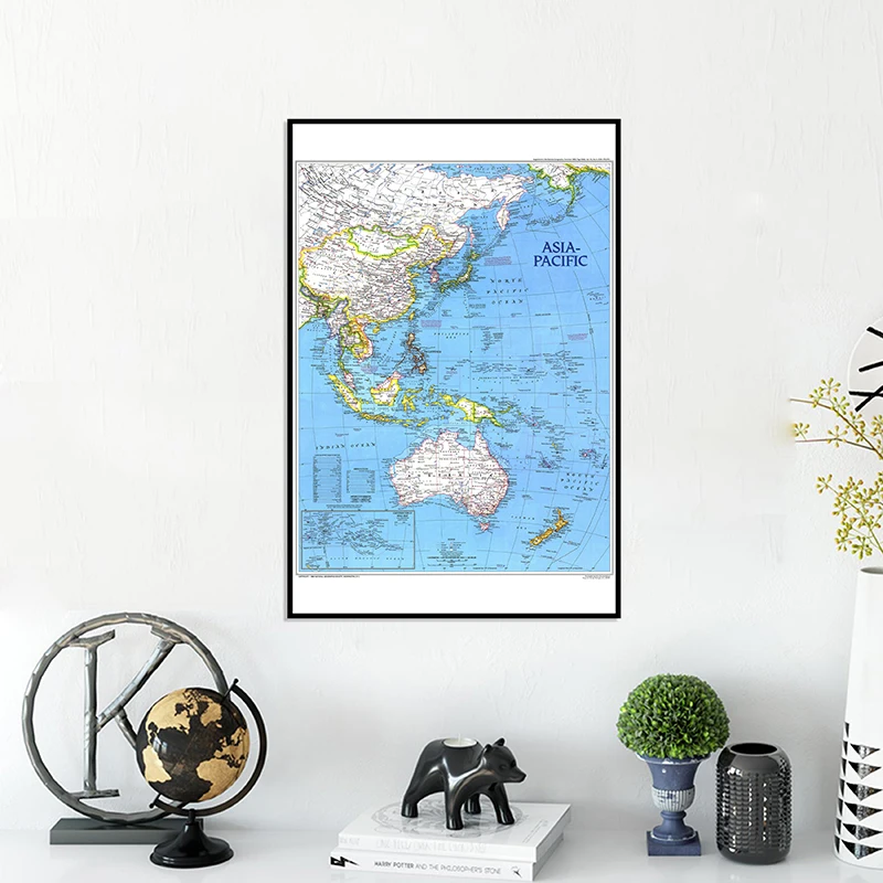 24x36 inches Fine Canvas Hanging Wall Art Painting Printed Map of Asia Pacific For Home Office Decor