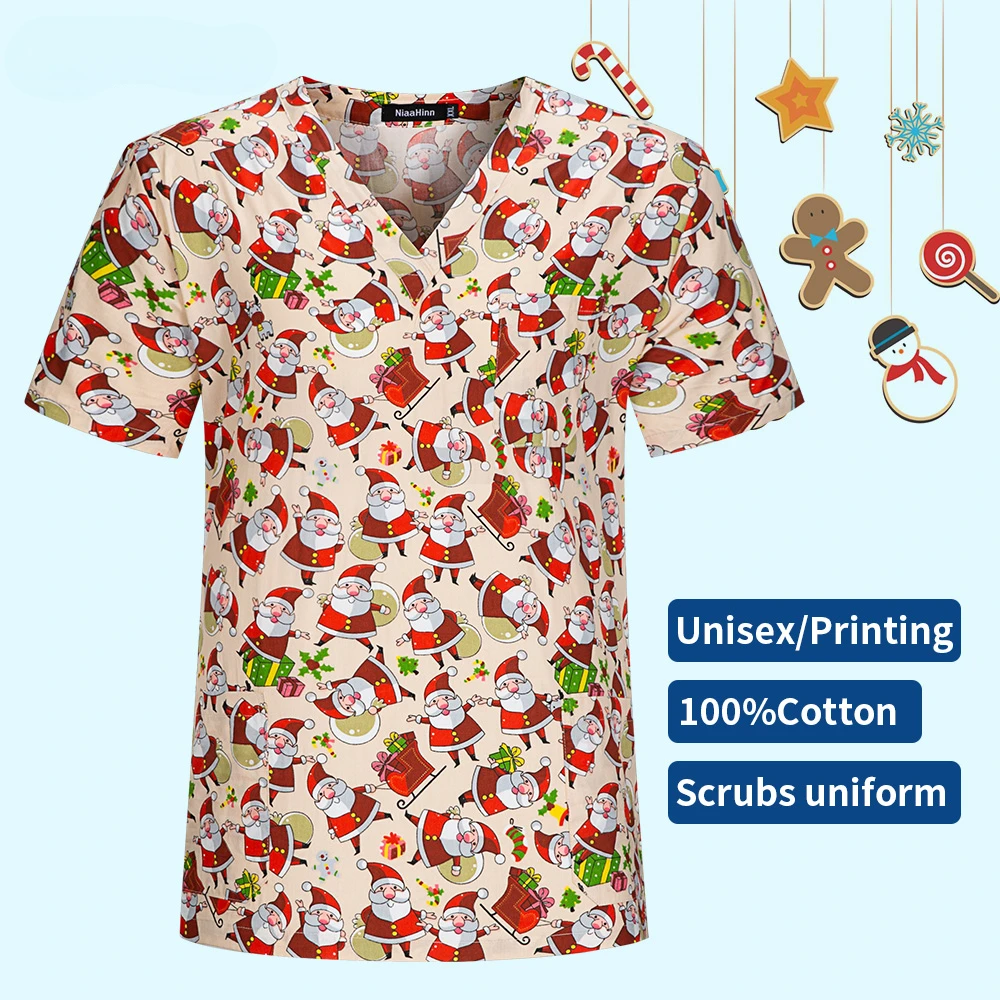 

Beauty Salon Scrubs Uniform Pet Clinic Work Uniform V-Neck T-Shirt Nurse Uniform Women Christmas Snowflake Printing Top Unisex