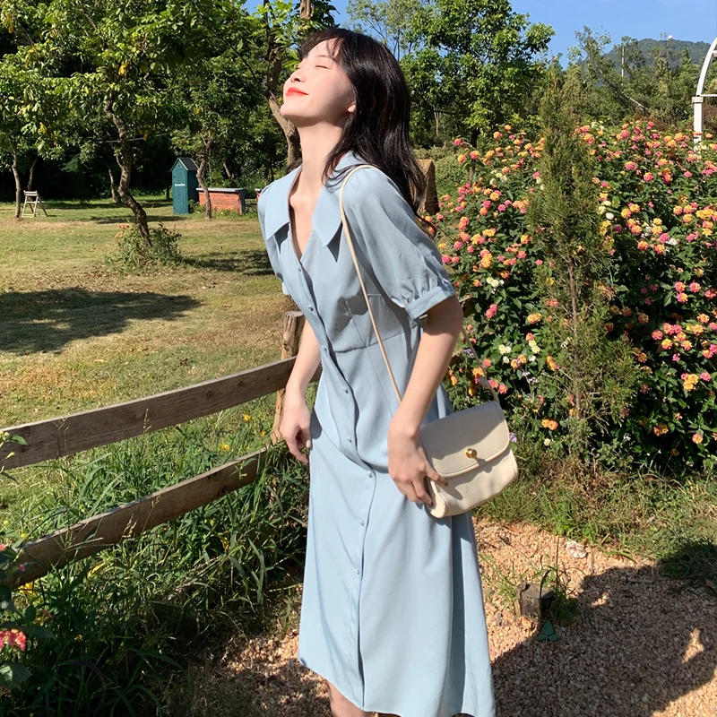 

2023 Summer New Fashionable Pure Color Loose Women Short Sleeve Derss Single-breasted Idyllic Elegant Female Tops Pullover T155
