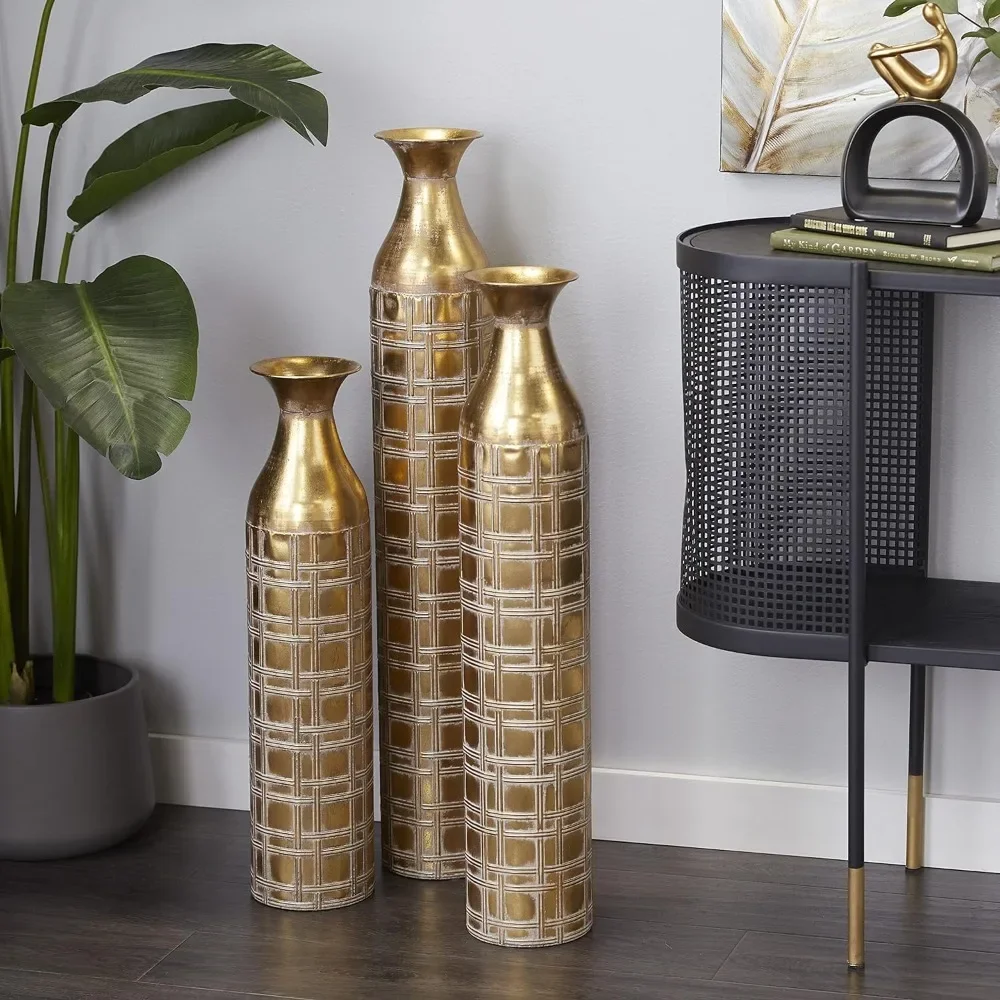 

Gold Flower Vase Decoration Home Metal Tall Distressed Metallic Vase With Etched Grid Patterns Vases Set of 3