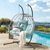 2 Person Double Egg Swing Chair with Stand Indoor Outdoor, Patio Wicker Rattan Hanging Egg Chair w/Cushion, Pillow 1