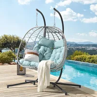 2 Person Double Egg Swing Chair with Stand Indoor Outdoor, Patio Wicker Rattan Hanging Egg Chair w/Cushion, Pillow 1