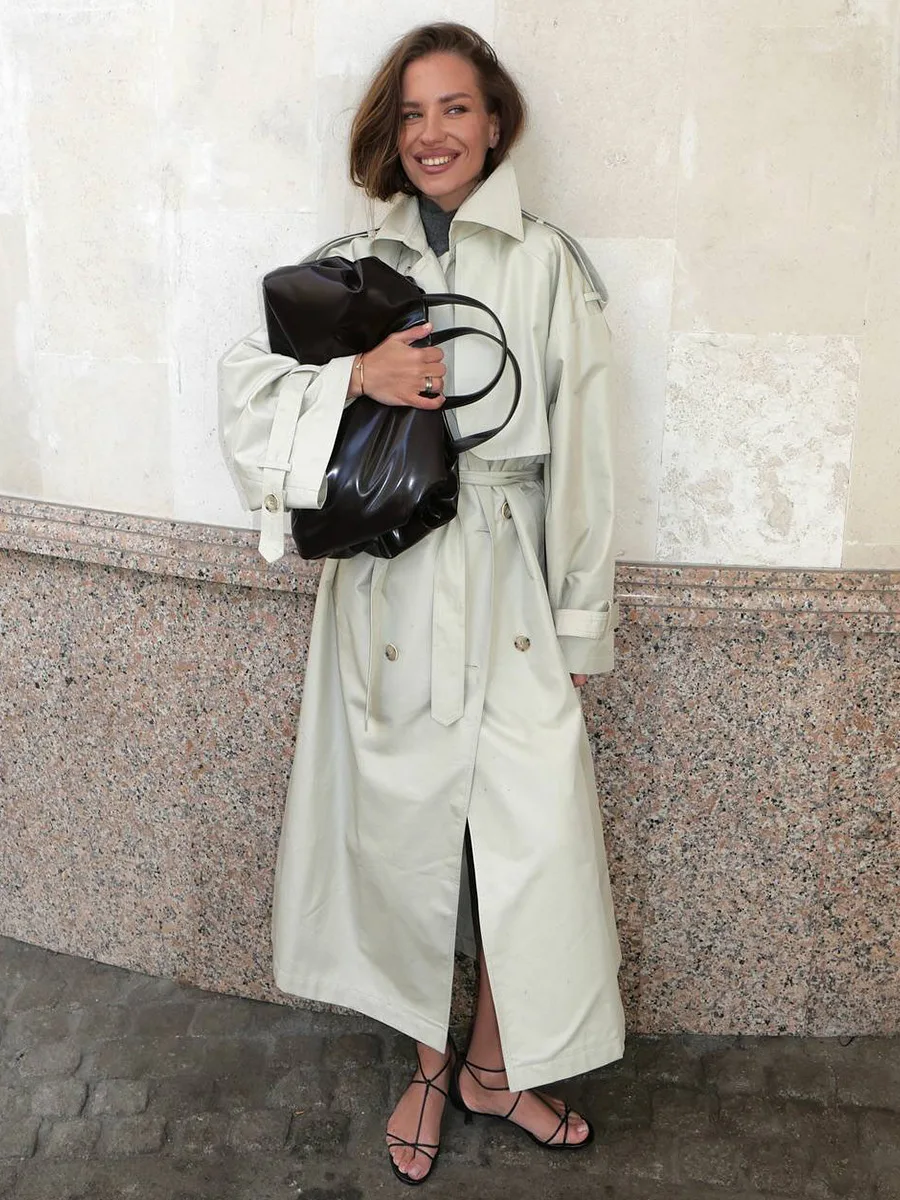 Bornladies New Autumn Winter Women's Retro Long Trench Coat Office Lady Loose Belted Waist Fahsion Outerwear Jackets