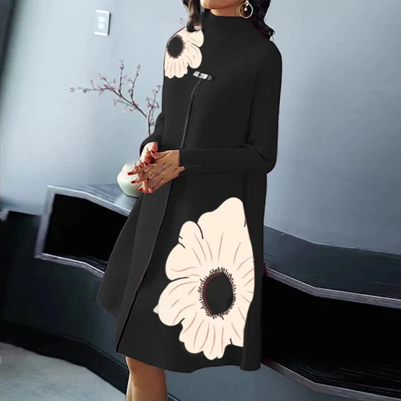 

2023 New Temperament O-Neck Office Lady Dress Fashion Printed Long Sleeve A-line Dress Casual Loose Solid Swing Dress Vestidos