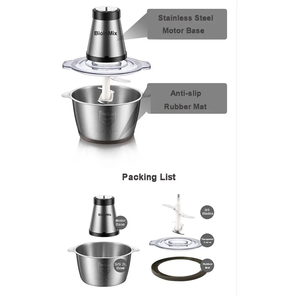 2 Speeds 500W 2L Large Capacity Chopper Meat Grinder Household Mincer Food  Processor With Stainless Steel Bowl