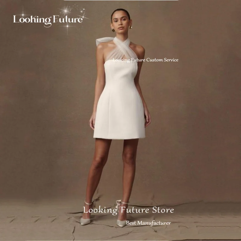 Simple Mini Mermaid Satin Wedding Dress Sexy Sleeveless Tulle Hatler Formal Pleat Open Back with Bow Boho Short Grown Customized 20 S367d05e44f134a4a8533d0bd5f704de8X
