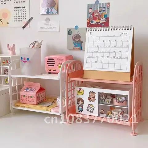 

Desktop Double-Layer Storage Rack INS Multifunctional Foldable Plastic Desk Rack Desk Cosmetics Debris Tidy Artifact