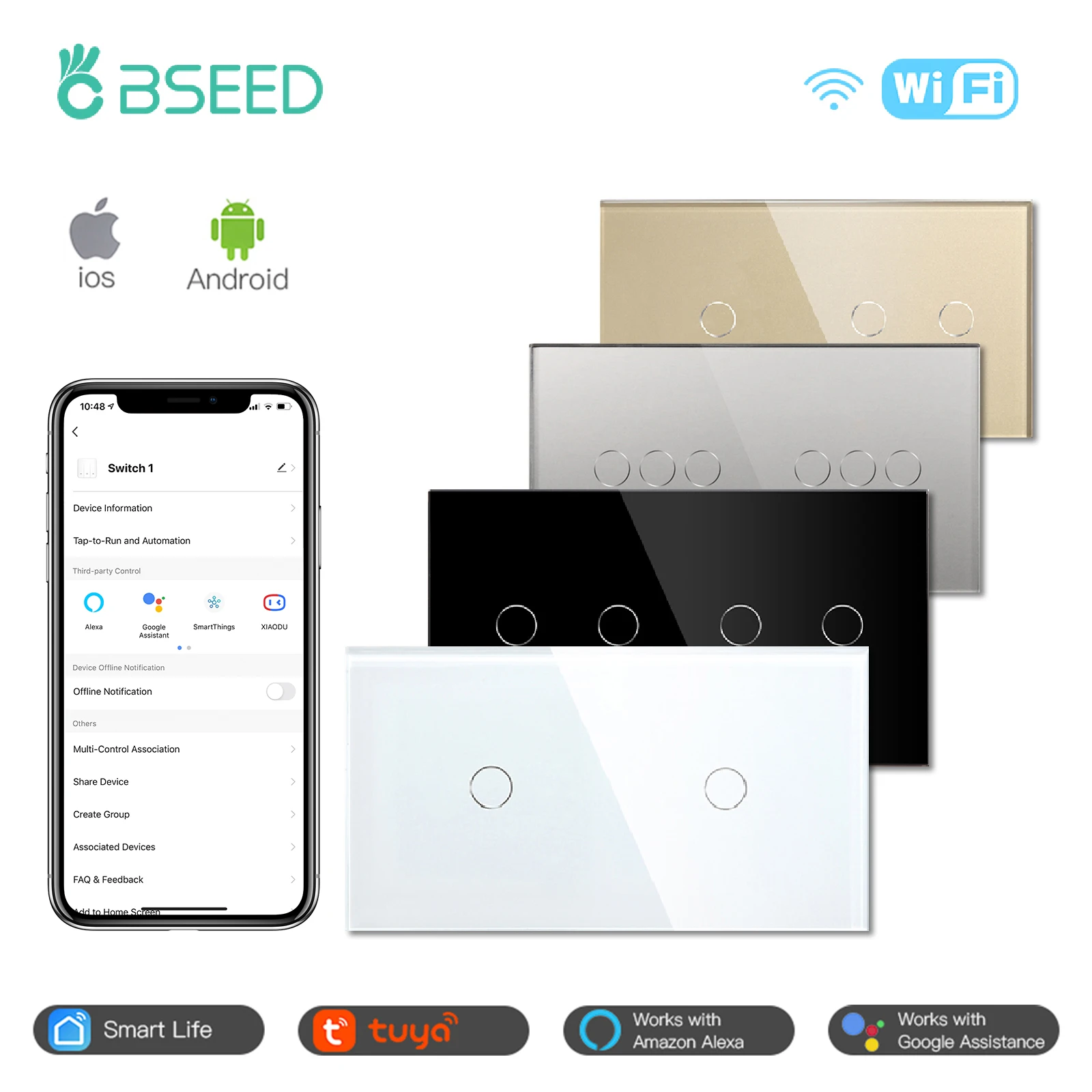 BSEED-Interruptor táctil de pared con WIFI, 1, 2 y 3 vías, Tuya, Control  inalámbrico, Google Home, Alexa, Smart Life