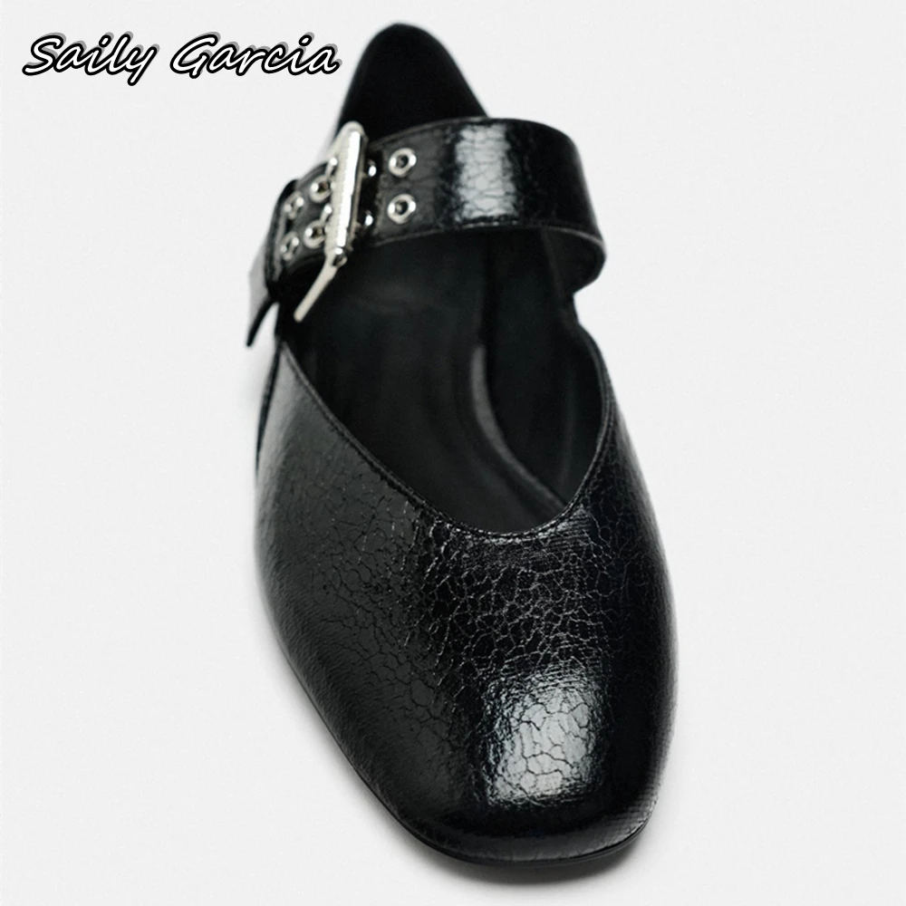 Black Belt Buckle Strap Shallow Ballet Flats 2024 Summer New Fashion Crack Leather Flats Pointed Toe Low Heel Casual Shoes