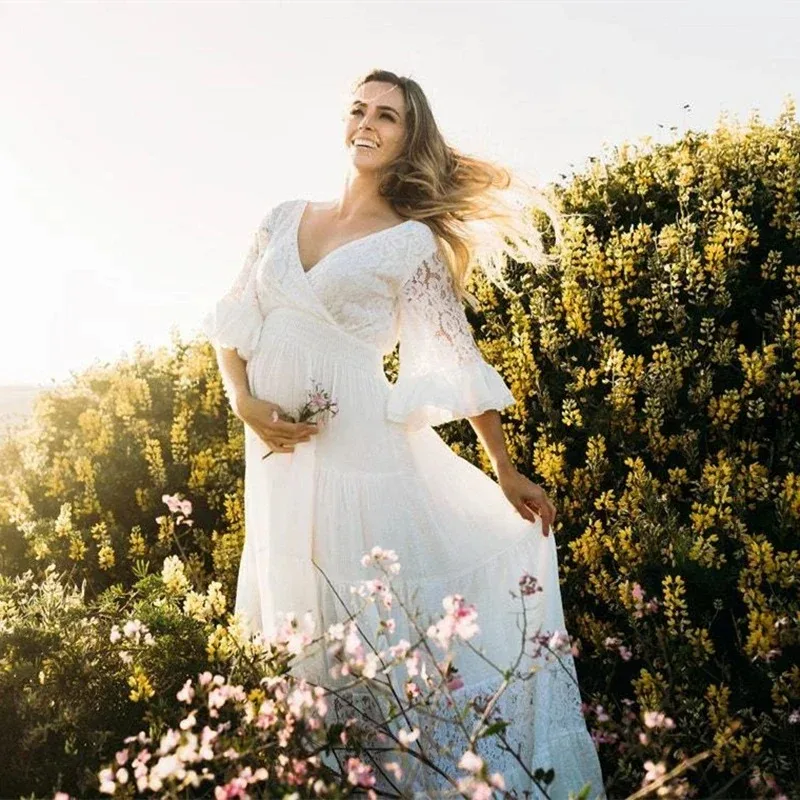 

Lace Sexy Maternity Photography Dresses For Baby Shower Party White Long Pregnant Maxi Gown Cute Women Pregnancy Photoshoot Prop