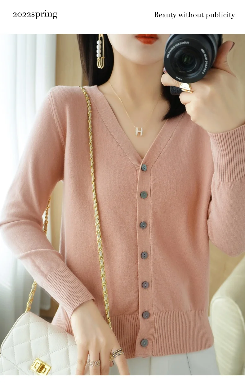 Early Autumn New Andy Cashmere Knit Cardigan V-Neck Solid Color Fashion High-Grade Comfortable Loose Casual Knitwear -GH021