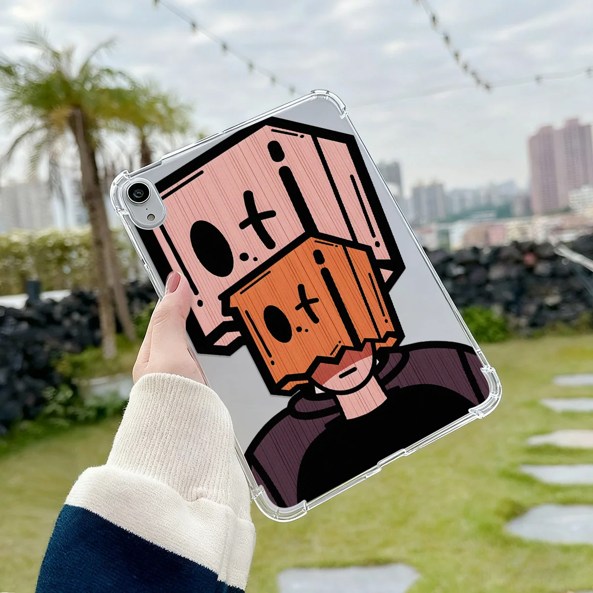 Transparent Tablet Case with Black Graffiti Cats Design