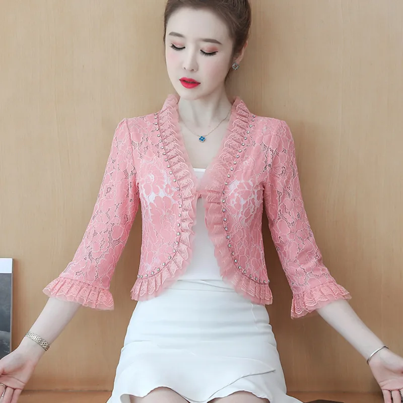 5325 여름 기모노 재킷, 여성용 가디건, 3/4 소매, 섹시한 얇은 레이스 코트, 여성용 다이아몬드 불규칙 레이스 재킷, 빈티지