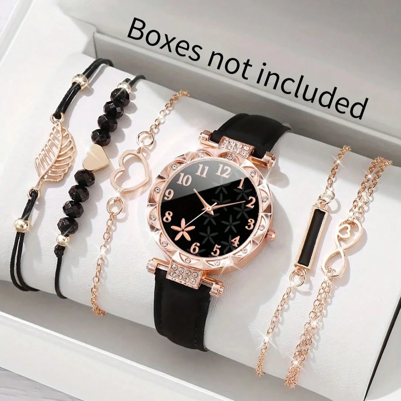 6PCS/Set Women's Watches Fashion Rhinestone Heart Dial Leather Band Quartz Watch Leaf Bracelets Set(Without Box)