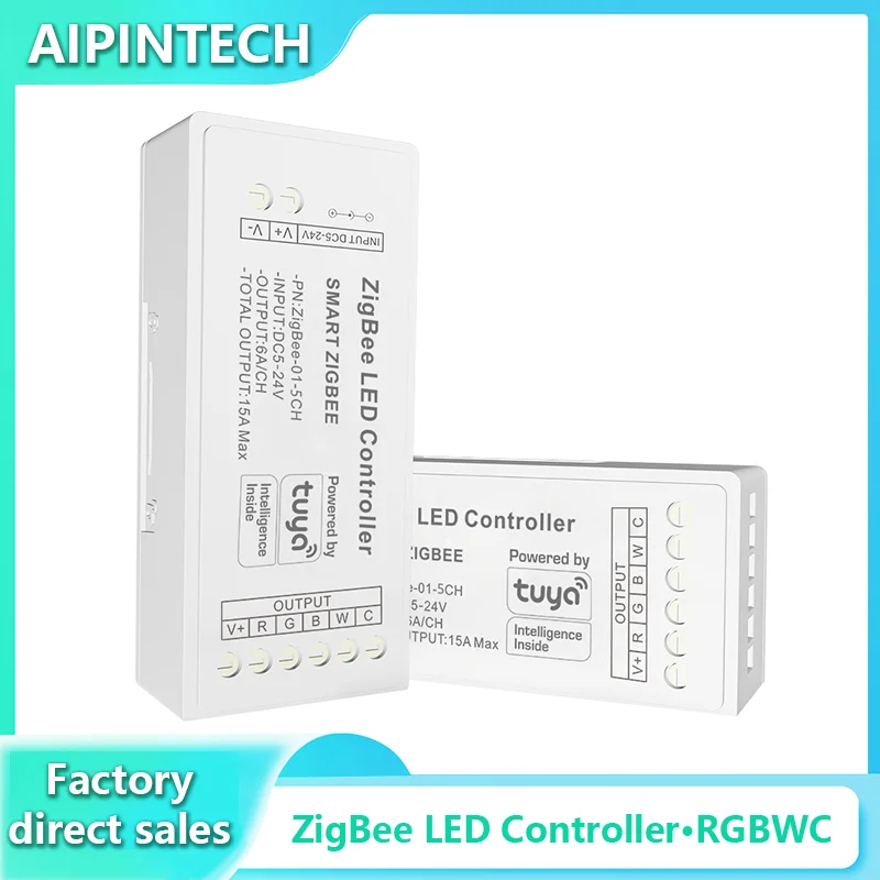 Фото Контроллер Zigbee RGBCCT, 15 А, 5-24 В, 12 В, 180 Вт, Alexa, 5 каналов, RGBWC, RGBCW, цветовая температура, RGB + CCT контроллер светодиодной ленты №1