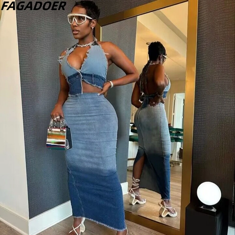 FAGADOER Gradient Denim 2 Piece Sets Women Outfit Sexy Halter Lace Up Y2k Crop Tops + Maxi Hip Skirt Sets Fashion Outfits Street