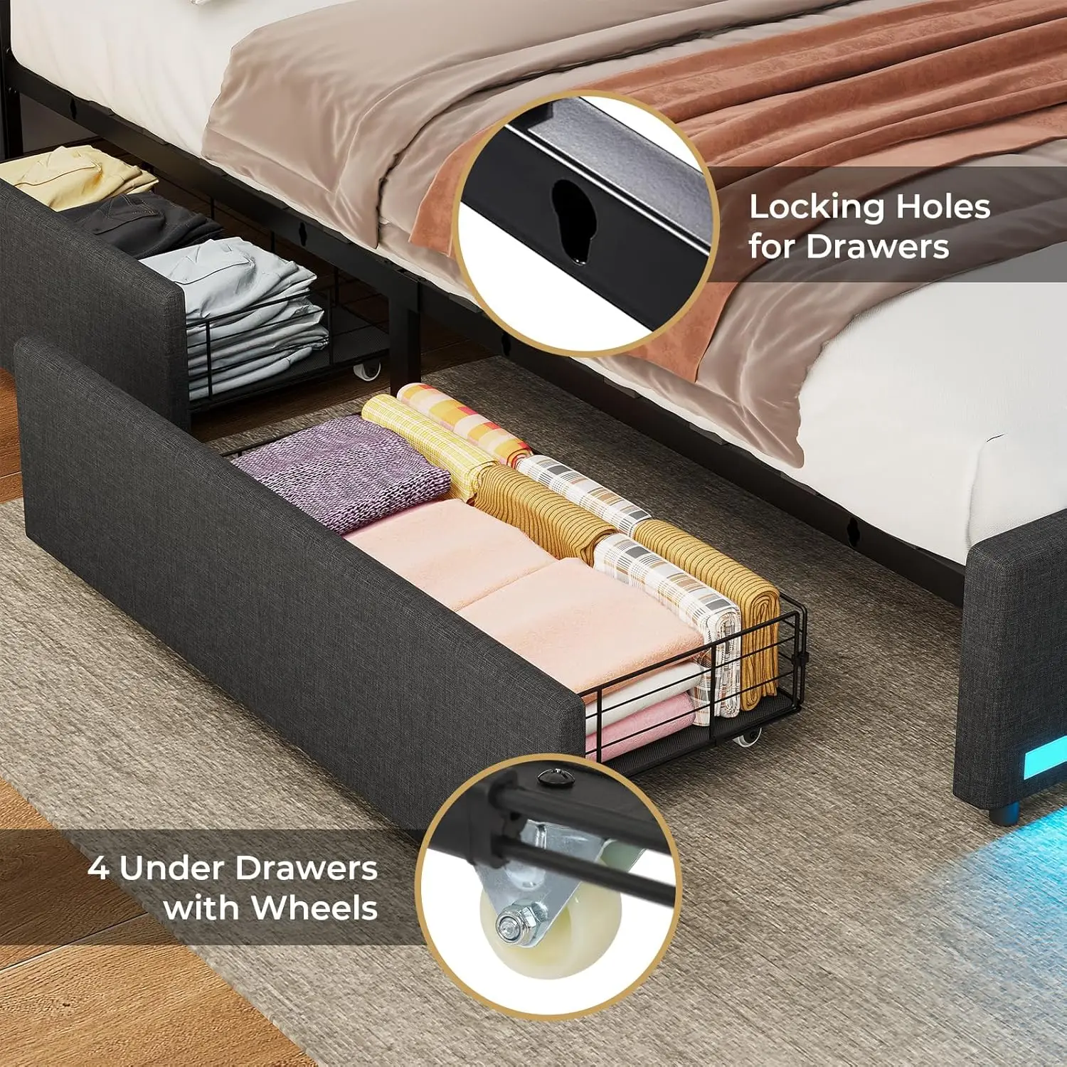 King Size LED Bed Frame with Storage Headboard and Charging Station, Upholstered King Platform Bed Frame Dark Grey 6