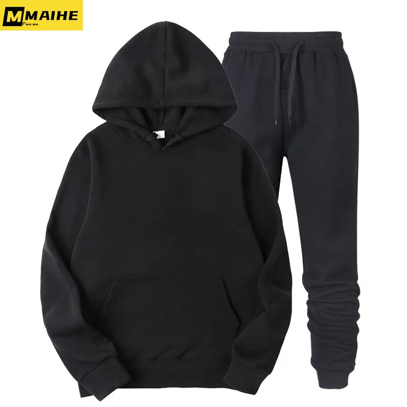 Autumn and winter men's sportswear couple hoodie + sweatpants set solid color warm casual sports men fashion hoodie coat ladies american retro design striped drawstring lace up sports jeans niche high street straight wide leg sports casual trousers ladies