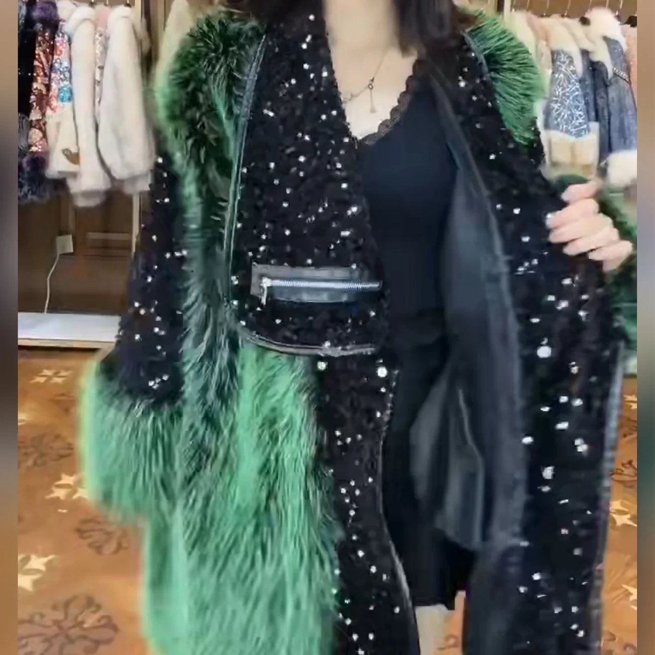 European 2023 Winter New Ladies Fashion High Street Long Sleeve Fur Coat Women Office Lady Embroidery Sequins Casual Toka Jacket