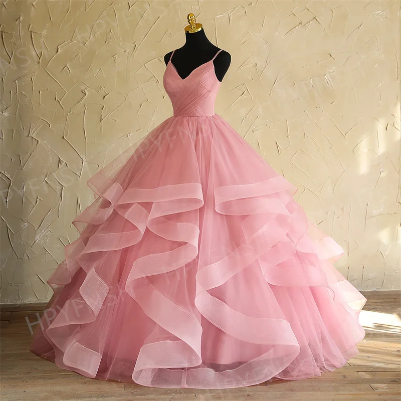 Spaghetti Strap V-neck Pink Quinceanera Dresses Sleeveless Simple Party for Prom Dress Sweet Ball Gown