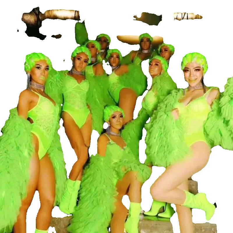 

Perspective Sexy Exaggerated Puff SleeveShawl Team Performance Clothes Bar StageGogo Fluorescent Green Costume LaceBodysuit
